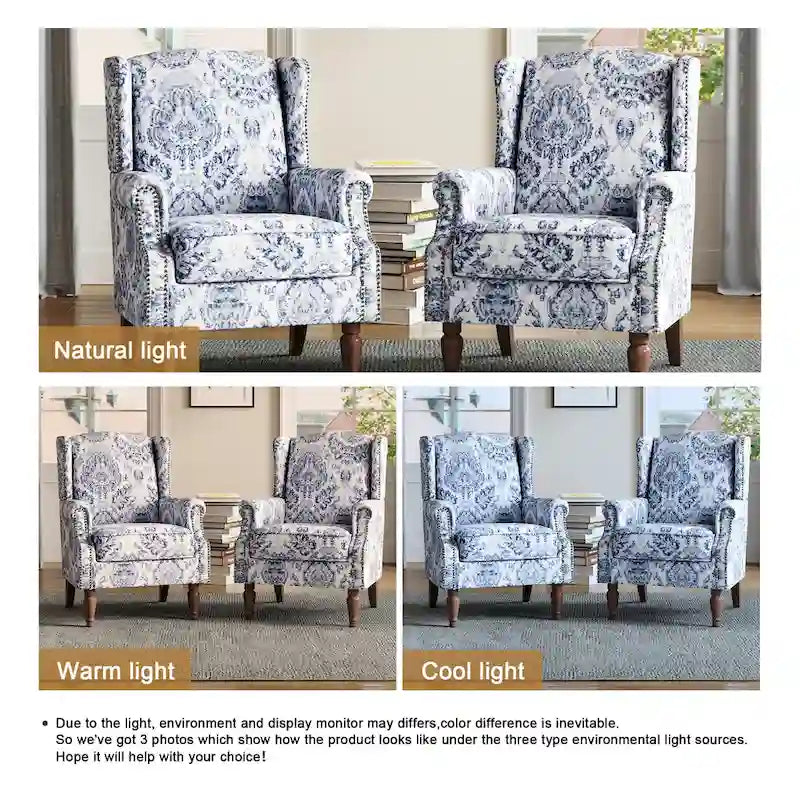 Wingback Accent Armchair Set of 2 Nailhead Trim Turned Wood Legs 10 Colors