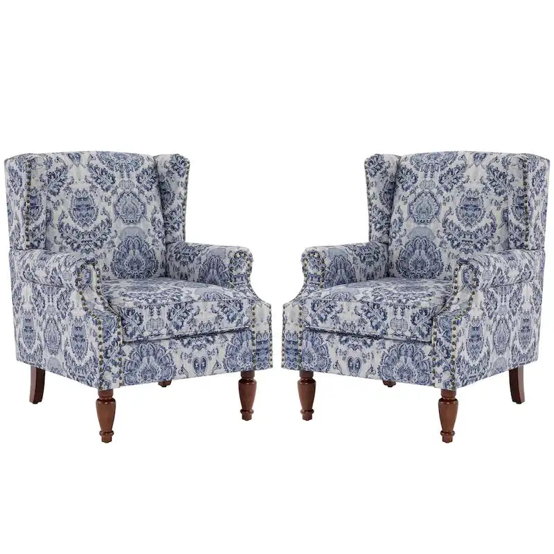 Wingback Accent Armchair Set of 2 Nailhead Trim Turned Wood Legs 10 Colors