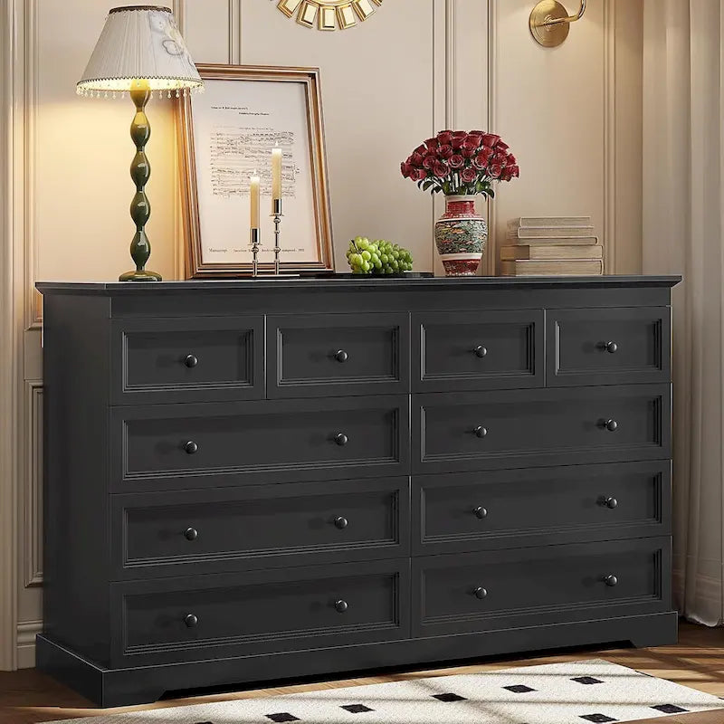 10 Drawer Double Dresser 55 Inch Black MDF Farmhouse Chest of Drawers Bedroom
