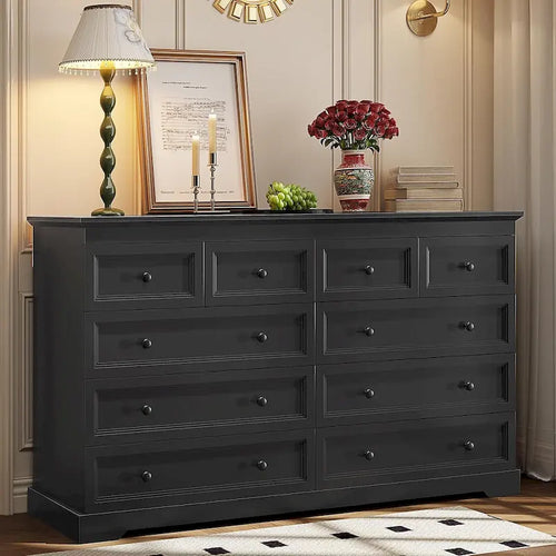 10 Drawer Double Dresser 55 Inch Black MDF Farmhouse Chest of Drawers Bedroom