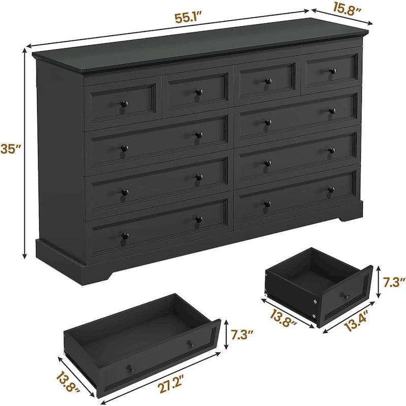 10 Drawer Double Dresser 55 Inch Black MDF Farmhouse Chest of Drawers Bedroom