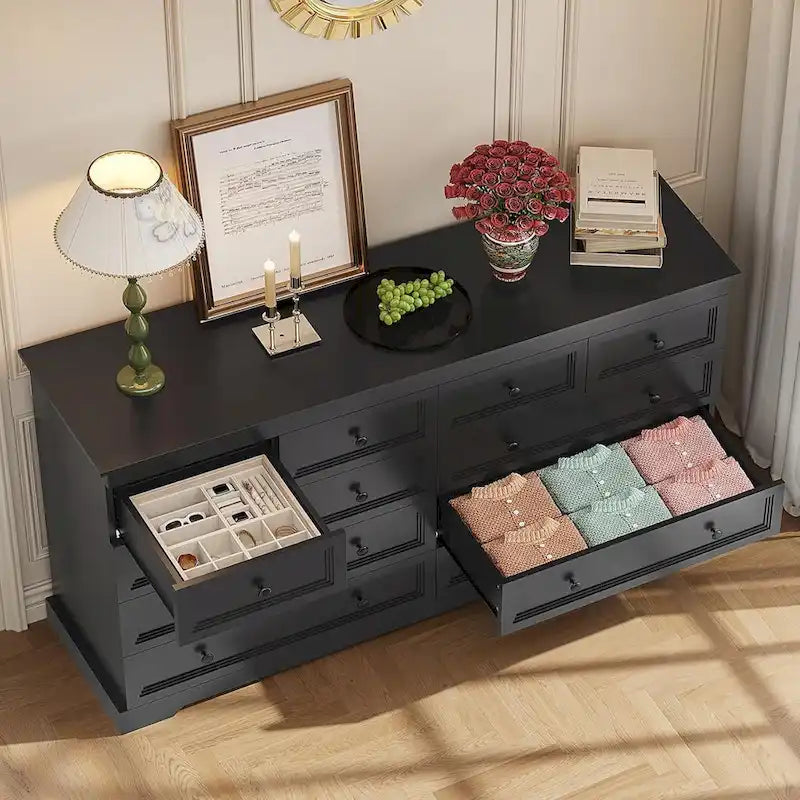 10 Drawer Double Dresser 55 Inch Black MDF Farmhouse Chest of Drawers Bedroom