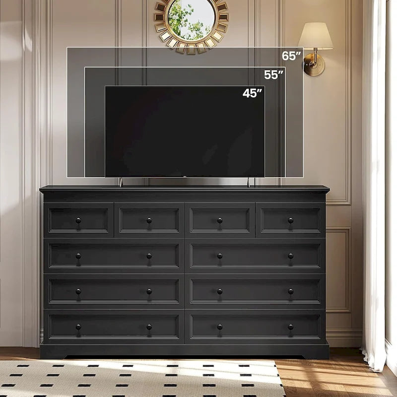 10 Drawer Double Dresser 55 Inch Black MDF Farmhouse Chest of Drawers Bedroom
