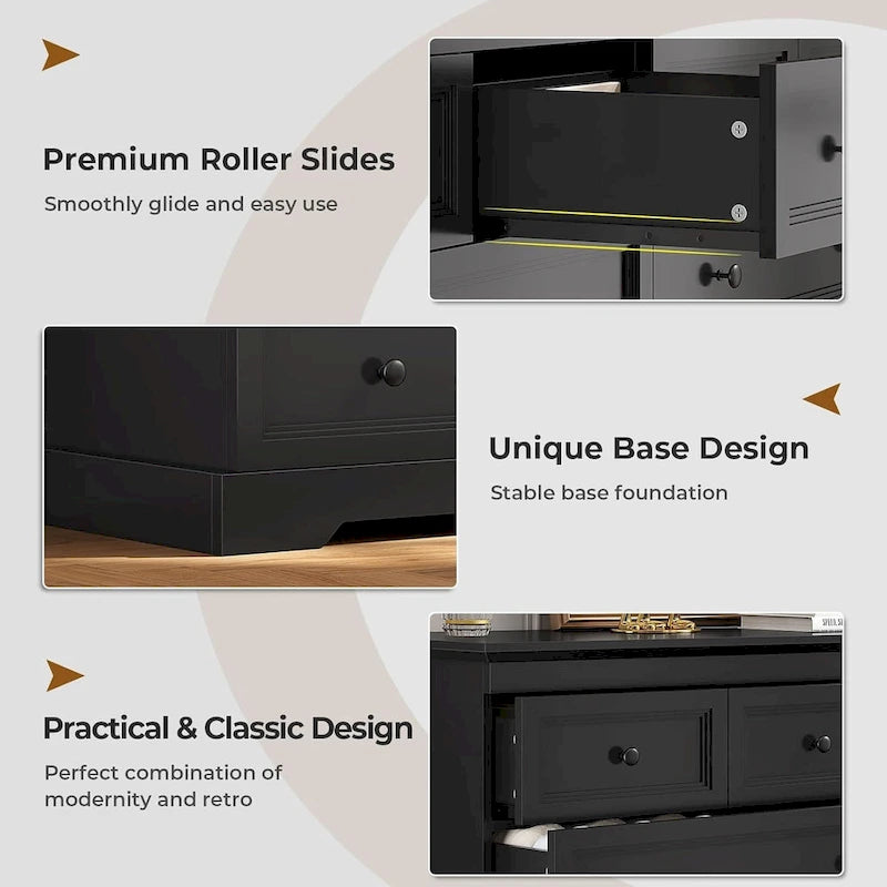 10 Drawer Double Dresser 55 Inch Black MDF Farmhouse Chest of Drawers Bedroom