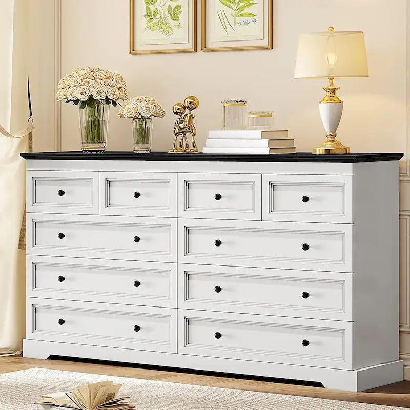 10 Drawer Double Dresser 55 Inch Black MDF Farmhouse Chest of Drawers Bedroom