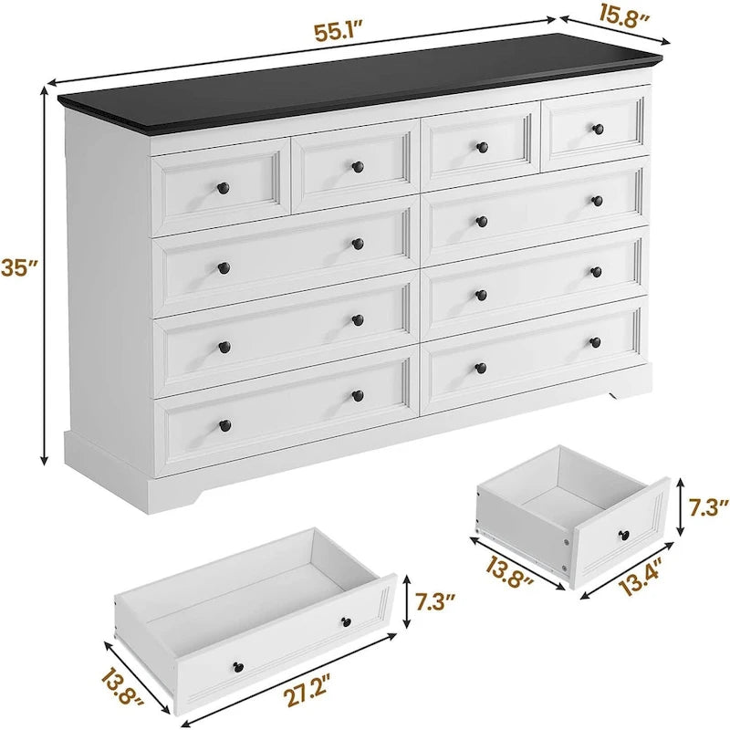 10 Drawer Double Dresser 55 Inch Black MDF Farmhouse Chest of Drawers Bedroom