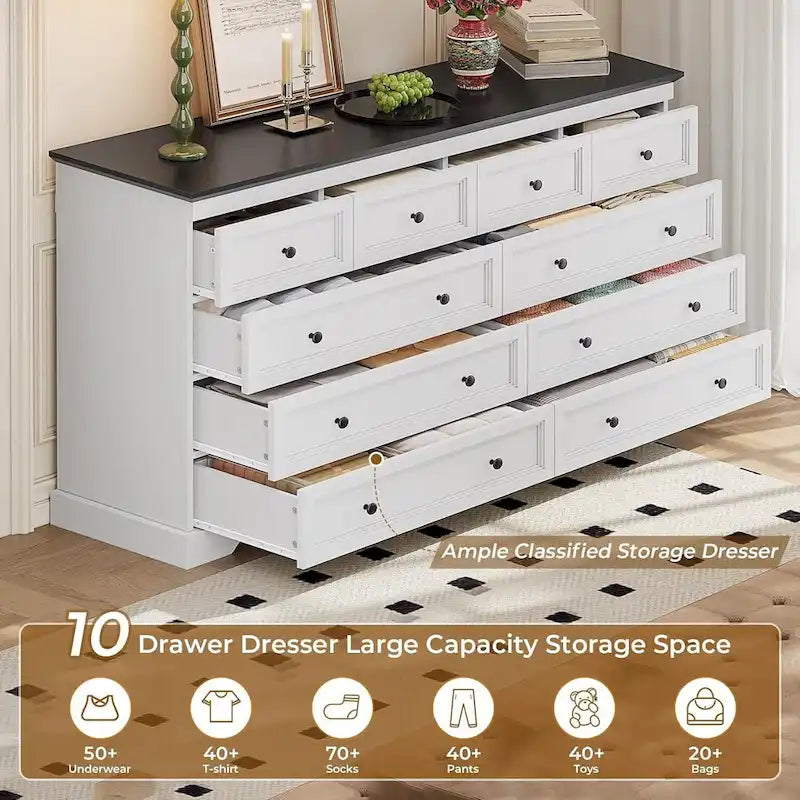 10 Drawer Double Dresser 55 Inch Black MDF Farmhouse Chest of Drawers Bedroom