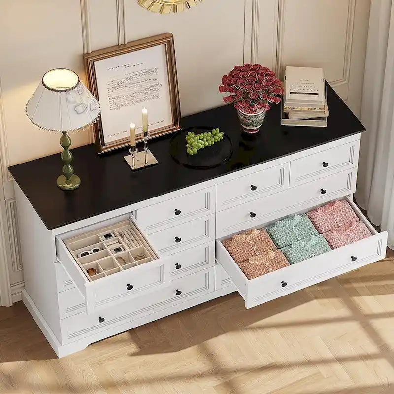 10 Drawer Double Dresser 55 Inch Black MDF Farmhouse Chest of Drawers Bedroom