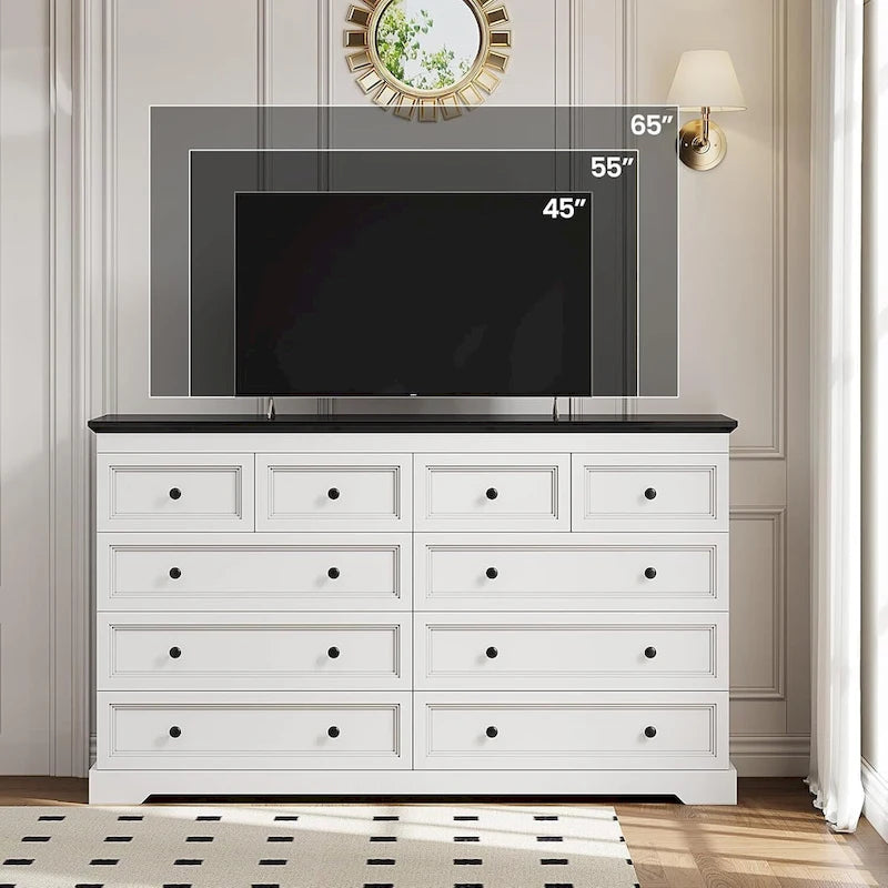 10 Drawer Double Dresser 55 Inch Black MDF Farmhouse Chest of Drawers Bedroom