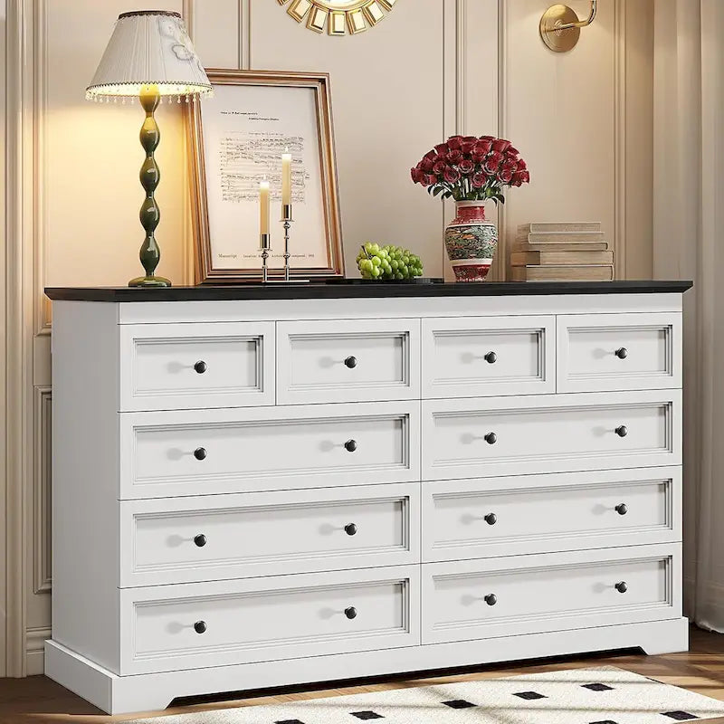 10 Drawer Double Dresser 55 Inch Black MDF Farmhouse Chest of Drawers Bedroom