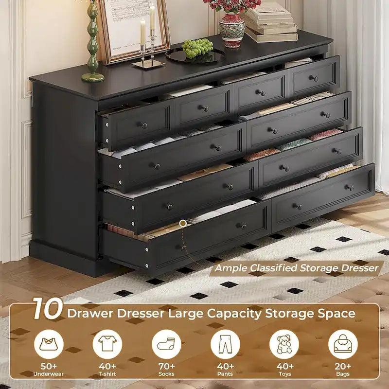 10 Drawer Double Dresser 55 Inch Black MDF Farmhouse Chest of Drawers Bedroom
