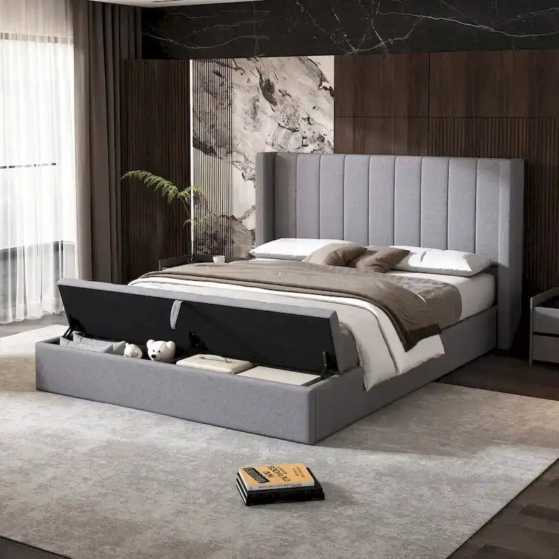 Queen Size Platform Bed with Vertical Channel Wingback Headboard - Upholstered Bed with Footboard Storage, Grey Linen Fabric Bed