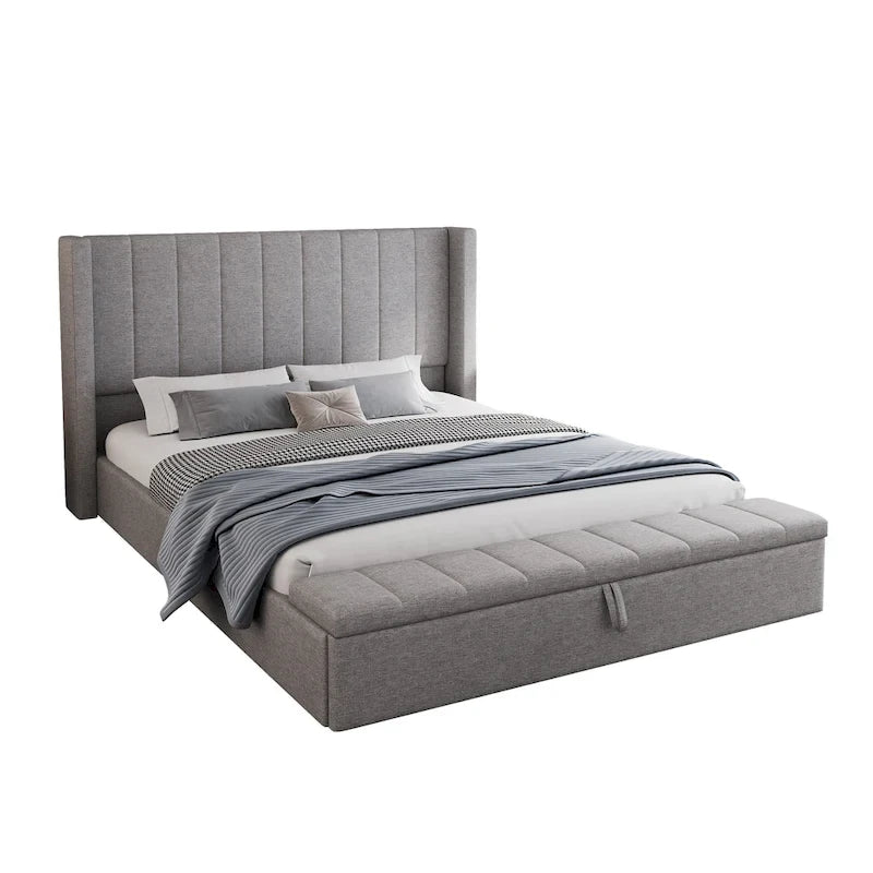 Queen Size Platform Bed with Vertical Channel Wingback Headboard - Upholstered Bed with Footboard Storage, Grey Linen Fabric Bed