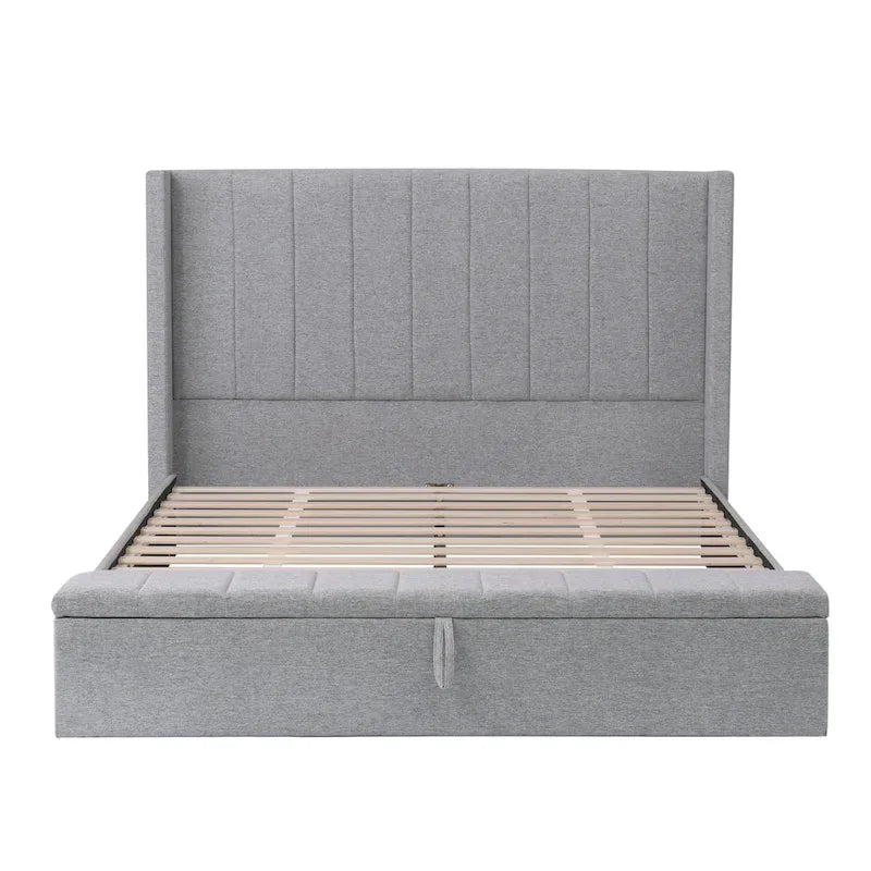 Queen Size Platform Bed with Vertical Channel Wingback Headboard - Upholstered Bed with Footboard Storage, Grey Linen Fabric Bed