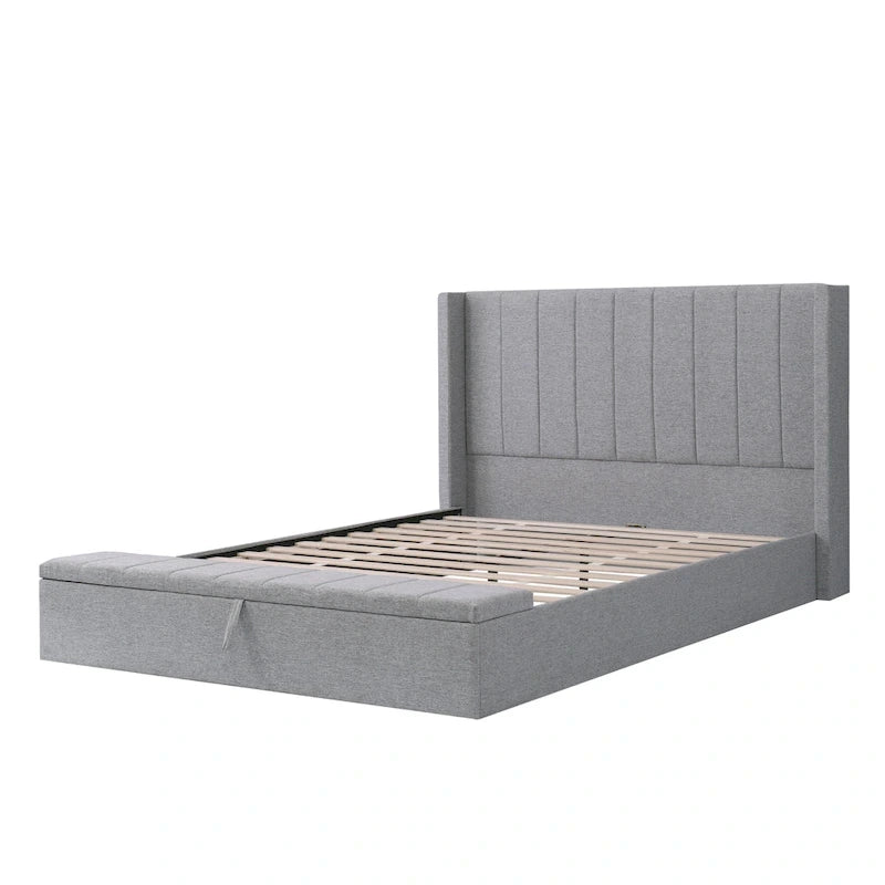 Queen Size Platform Bed with Vertical Channel Wingback Headboard - Upholstered Bed with Footboard Storage, Grey Linen Fabric Bed