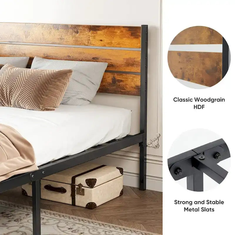 Industrial Platform Bed Frame Heavy Duty Steel Rustic Wood Headboard Brown Black