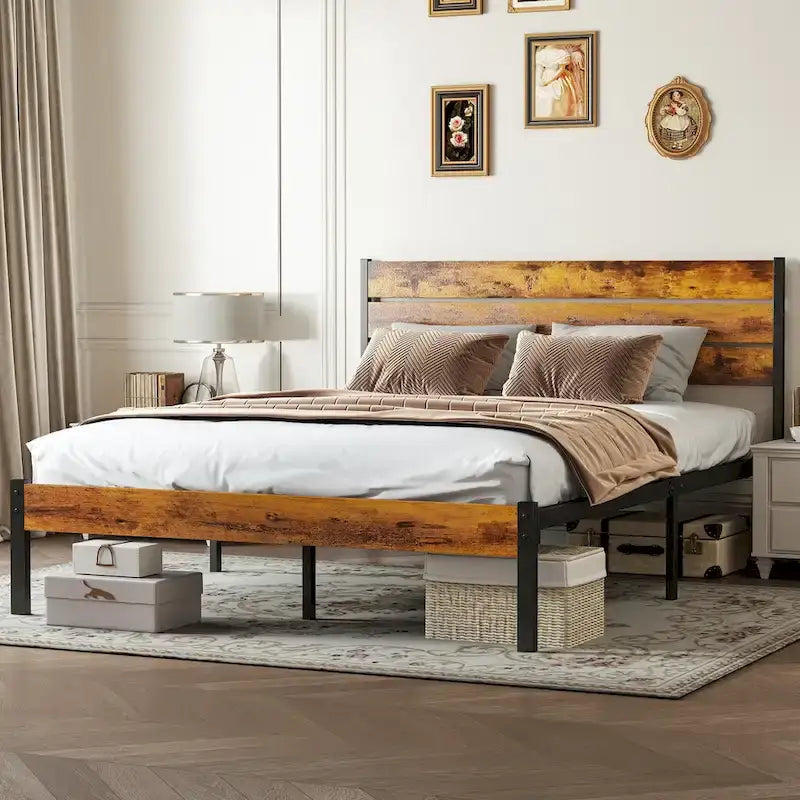 Industrial Platform Bed Frame Heavy Duty Steel Rustic Wood Headboard Brown Black