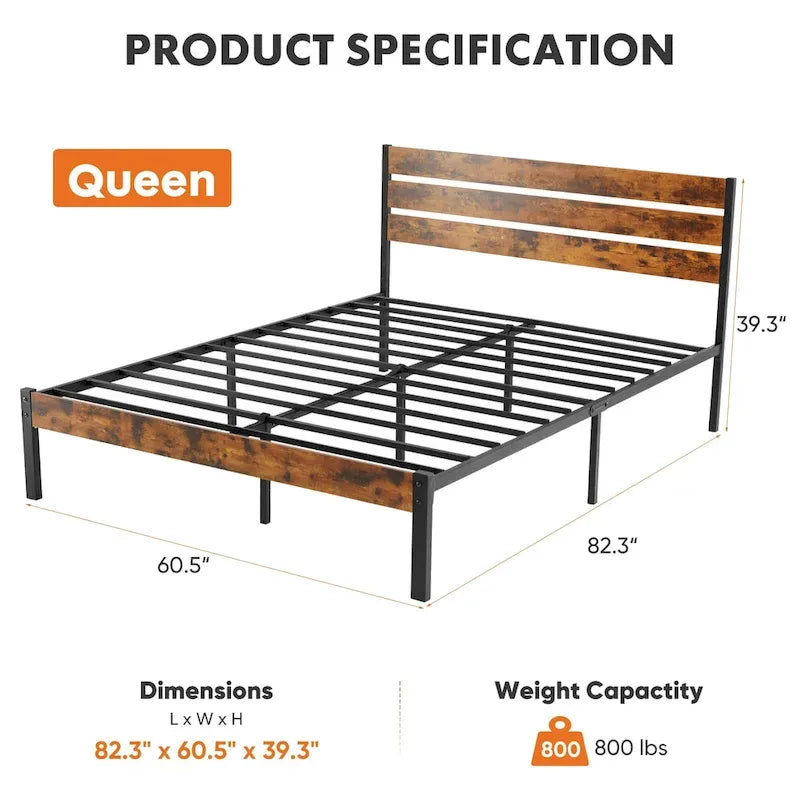 Industrial Platform Bed Frame Heavy Duty Steel Rustic Wood Headboard Brown Black