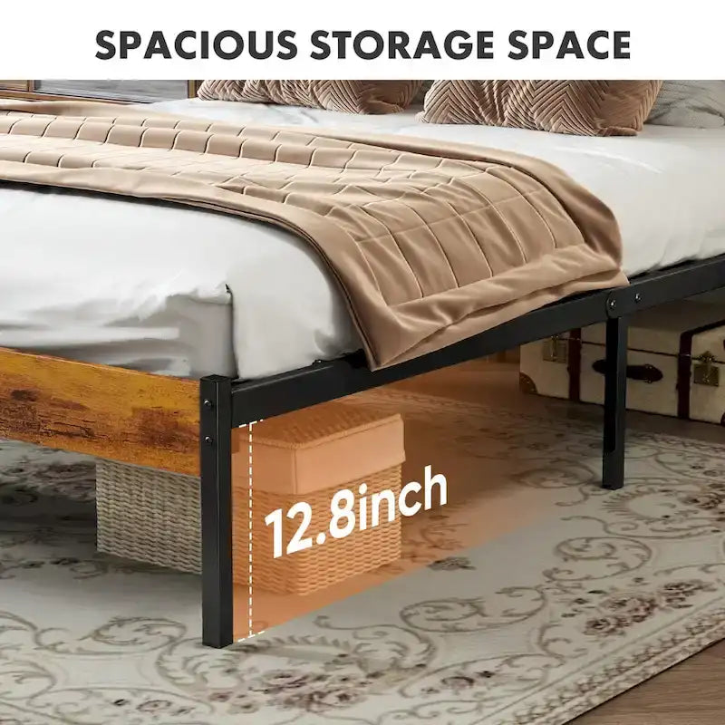 Industrial Platform Bed Frame Heavy Duty Steel Rustic Wood Headboard Brown Black