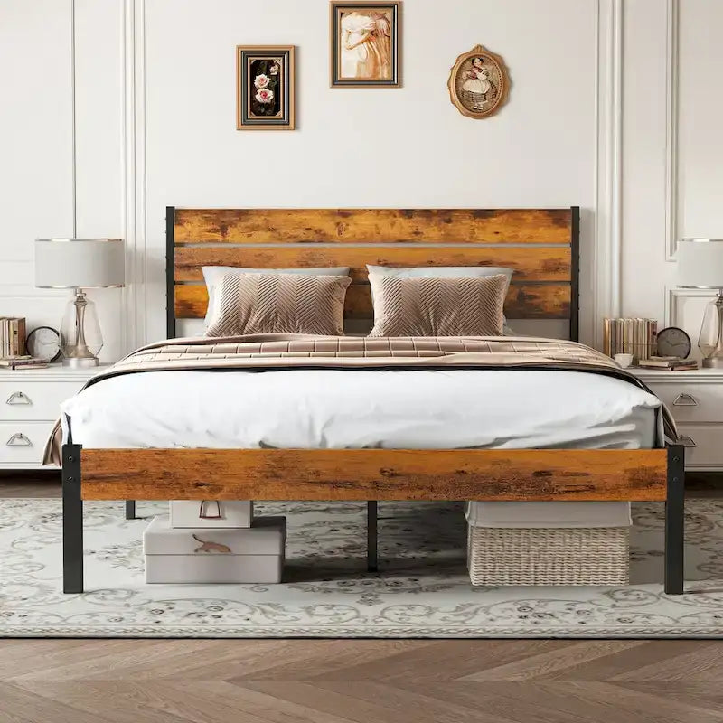 Industrial Platform Bed Frame Heavy Duty Steel Rustic Wood Headboard Brown Black
