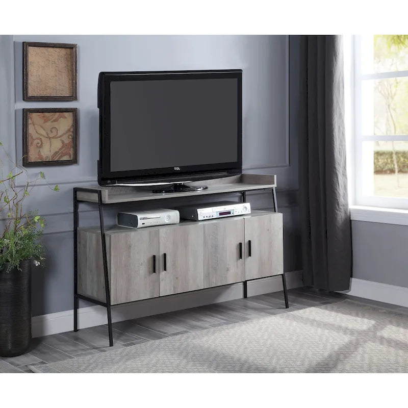 Industrial TV Stand 52 Inch Gray Oak MDF Metal Frame 4 Door Cabinet Storage