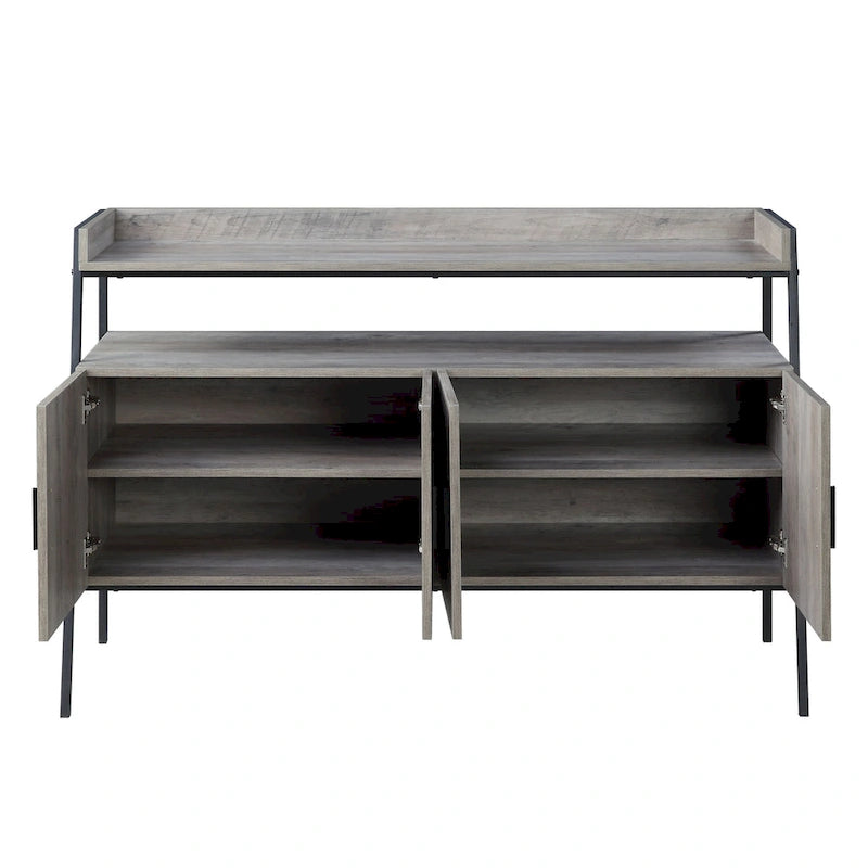 Industrial TV Stand 52 Inch Gray Oak MDF Metal Frame 4 Door Cabinet Storage