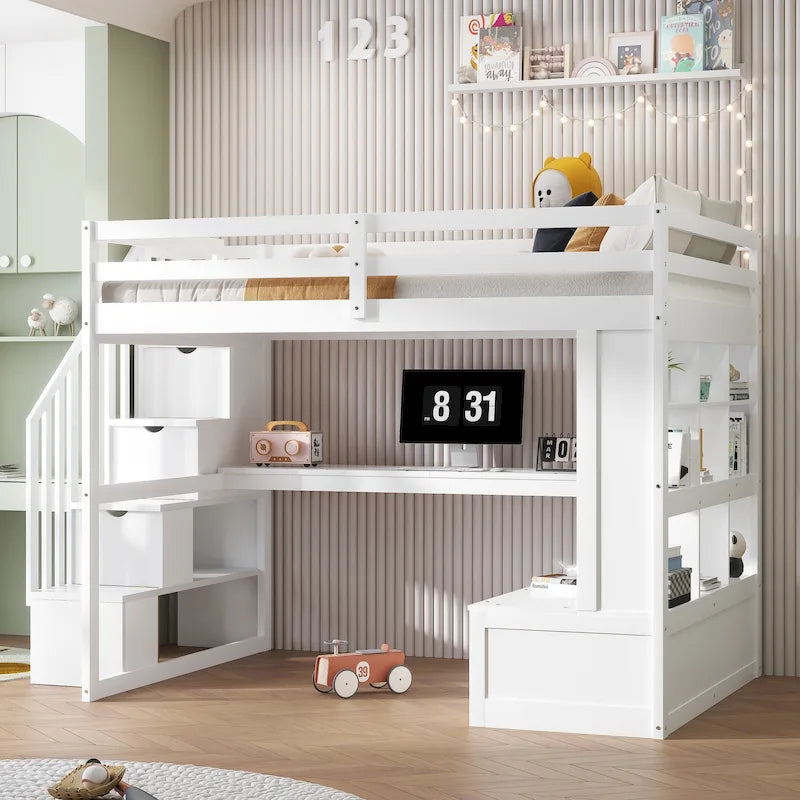 Full Size Loft Bed Solid Pine Desk Shelves Storage Staircase 2 Drawers White
