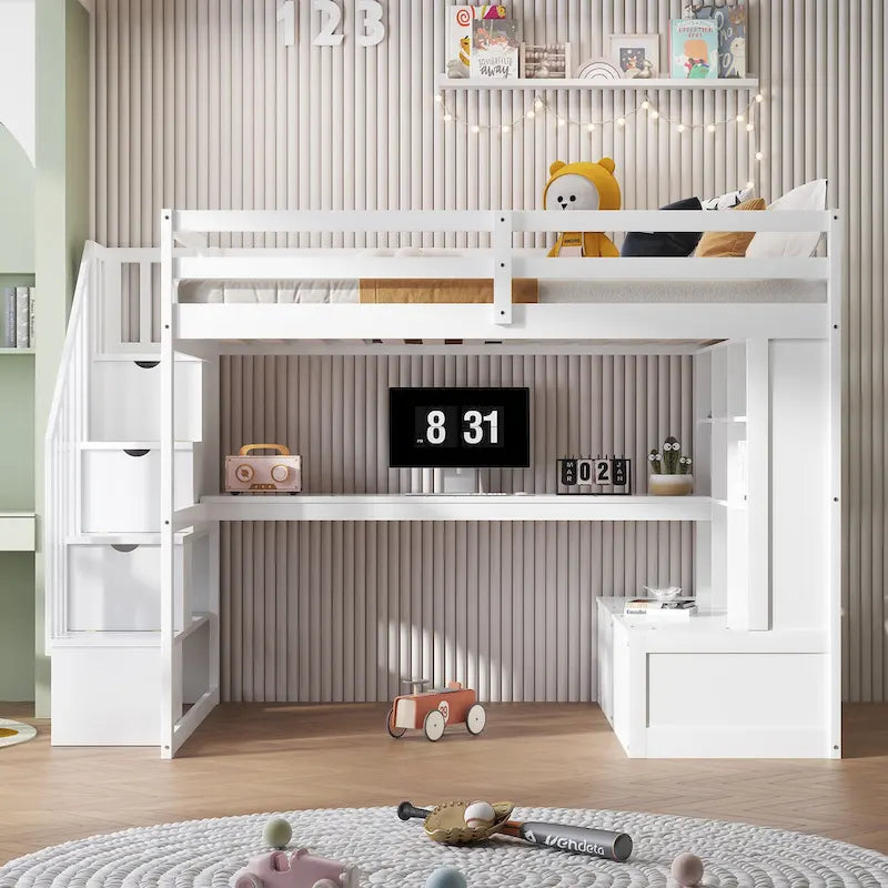 Full Size Loft Bed Solid Pine Desk Shelves Storage Staircase 2 Drawers White