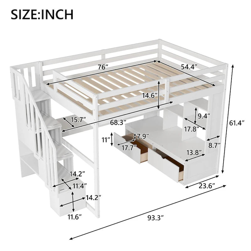 Full Size Loft Bed Solid Pine Desk Shelves Storage Staircase 2 Drawers White