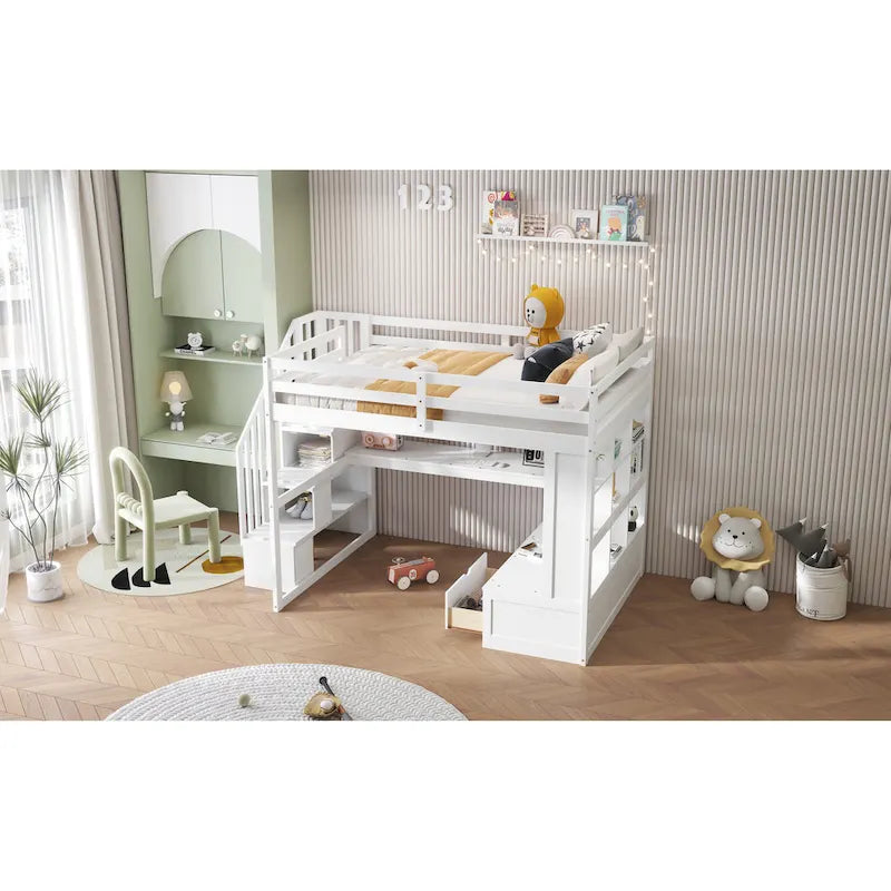 Full Size Loft Bed Solid Pine Desk Shelves Storage Staircase 2 Drawers White