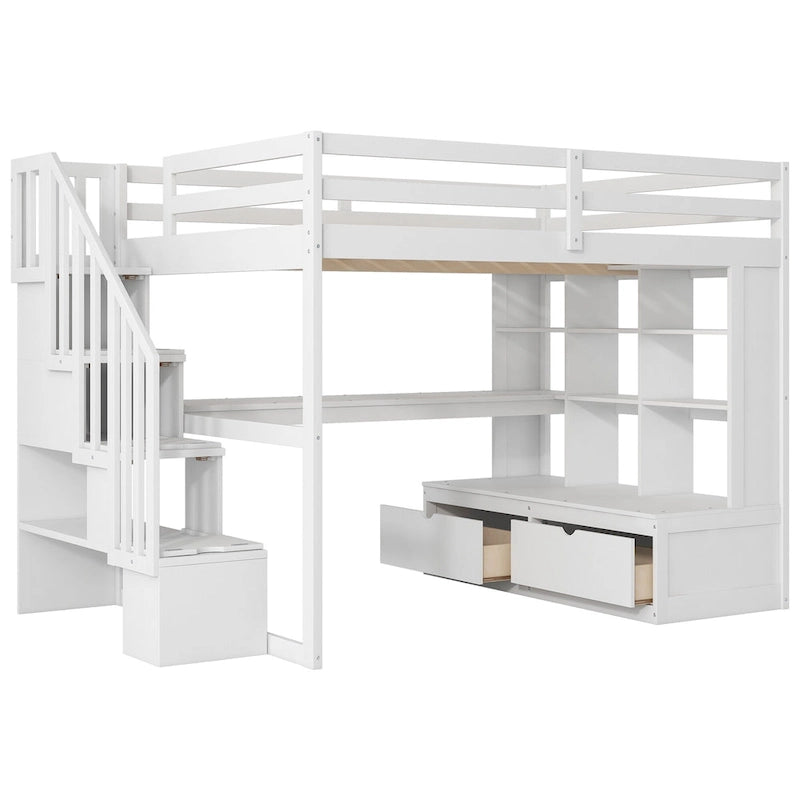 Full Size Loft Bed Solid Pine Desk Shelves Storage Staircase 2 Drawers White