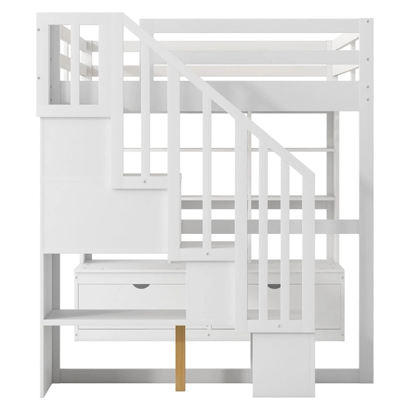 Full Size Loft Bed Solid Pine Desk Shelves Storage Staircase 2 Drawers White