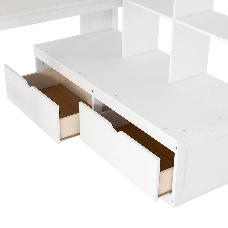 Full Size Loft Bed Solid Pine Desk Shelves Storage Staircase 2 Drawers White