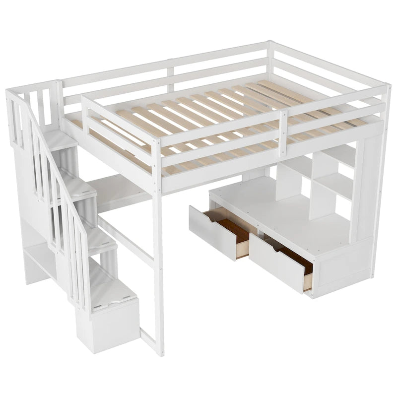 Full Size Loft Bed Solid Pine Desk Shelves Storage Staircase 2 Drawers White