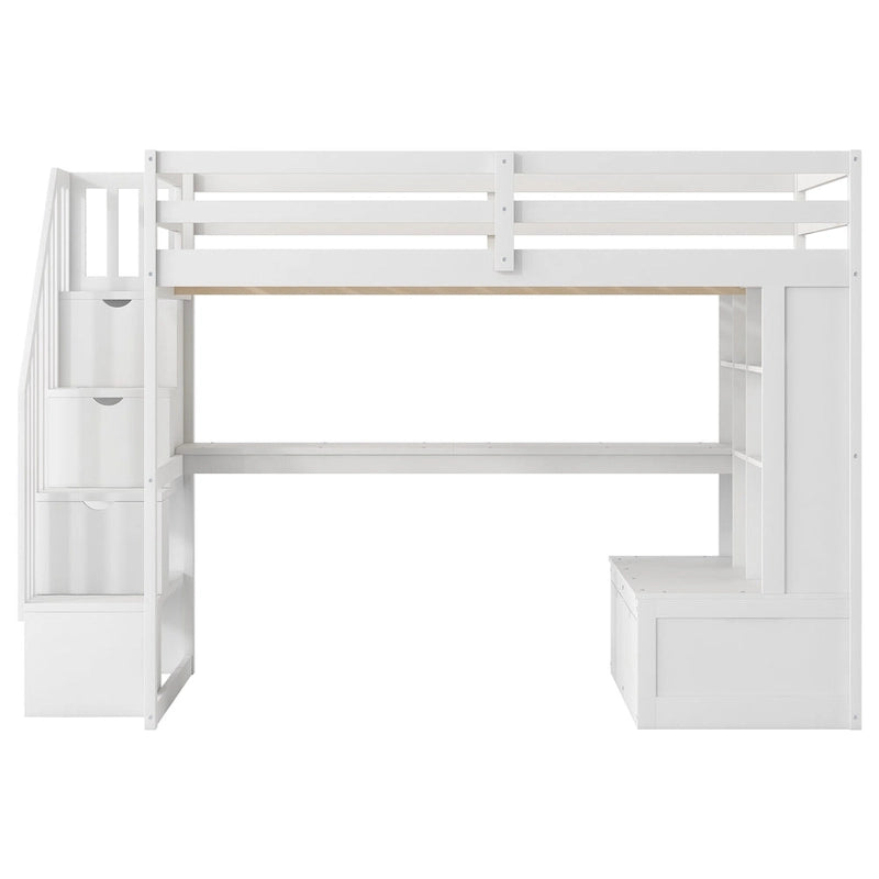 Full Size Loft Bed Solid Pine Desk Shelves Storage Staircase 2 Drawers White
