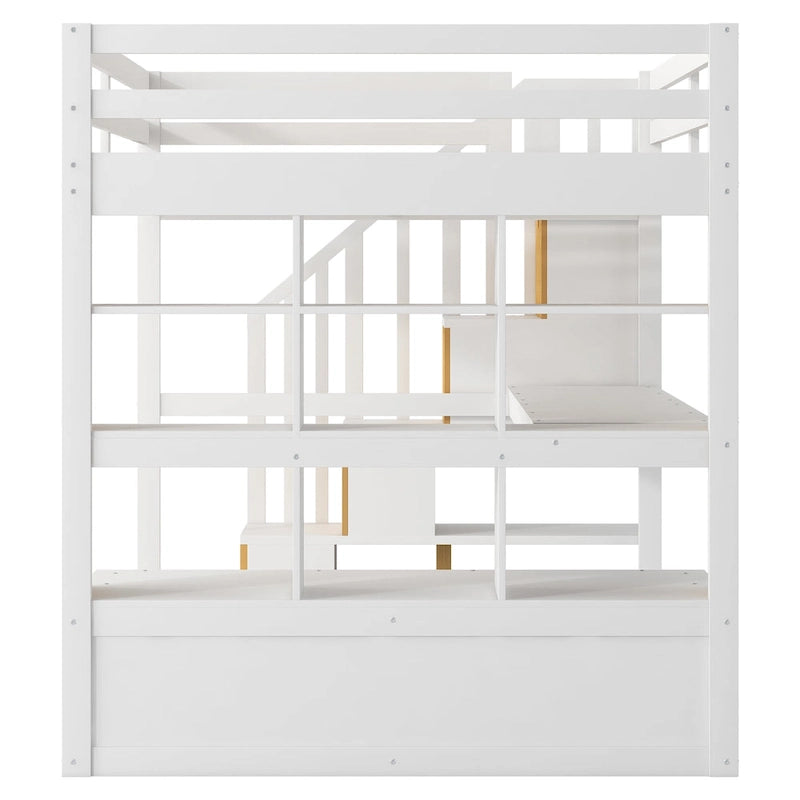 Full Size Loft Bed Solid Pine Desk Shelves Storage Staircase 2 Drawers White