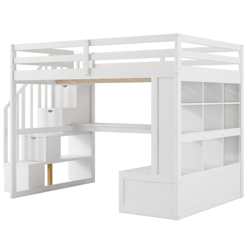 Full Size Loft Bed Solid Pine Desk Shelves Storage Staircase 2 Drawers White