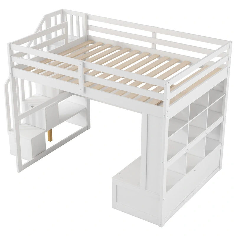 Full Size Loft Bed Solid Pine Desk Shelves Storage Staircase 2 Drawers White