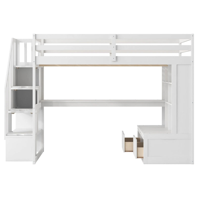 Full Size Loft Bed Solid Pine Desk Shelves Storage Staircase 2 Drawers White
