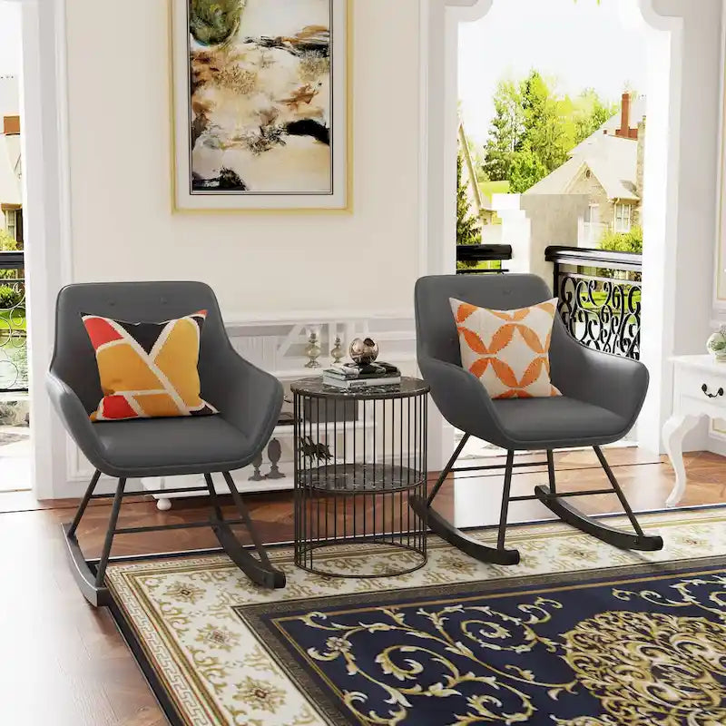 Button Tufted Velvet Accent Rocking Chair High Back Metal Base Ivory Black