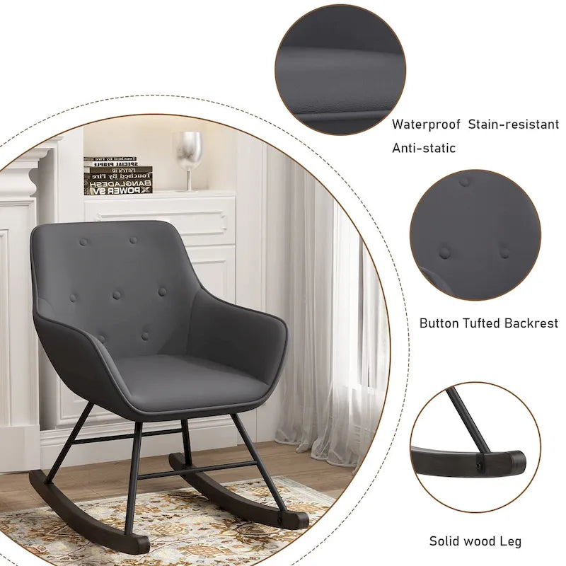 Button Tufted Velvet Accent Rocking Chair High Back Metal Base Ivory Black