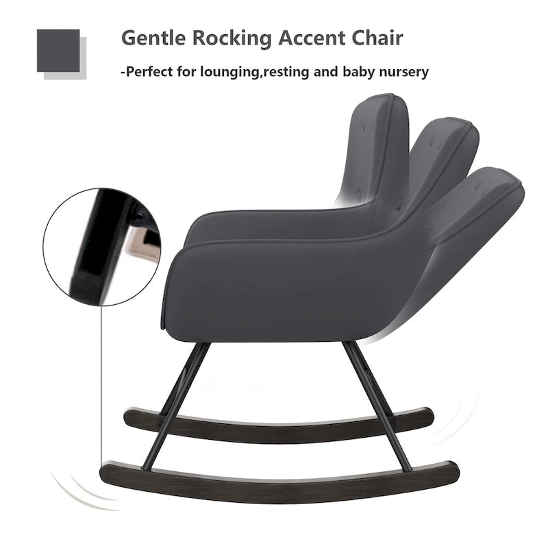 Button Tufted Velvet Accent Rocking Chair High Back Metal Base Ivory Black