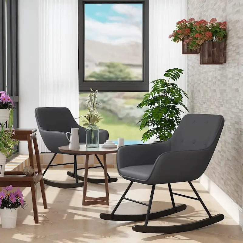Button Tufted Velvet Accent Rocking Chair High Back Metal Base Ivory Black