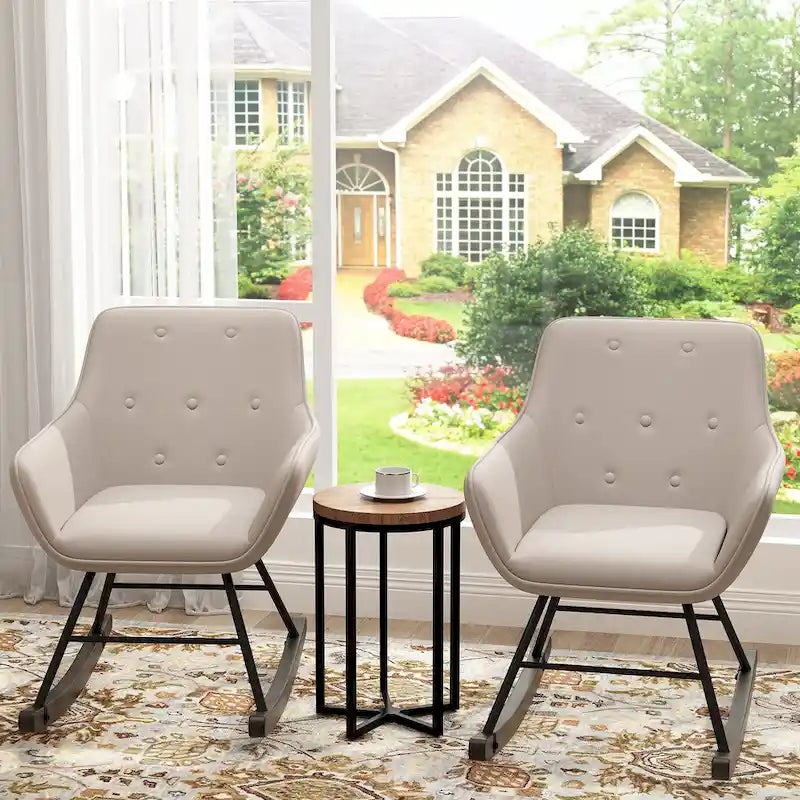 Button Tufted Velvet Accent Rocking Chair High Back Metal Base Ivory Black