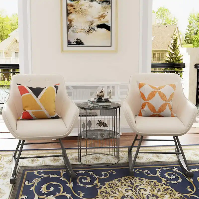 Button Tufted Velvet Accent Rocking Chair High Back Metal Base Ivory Black
