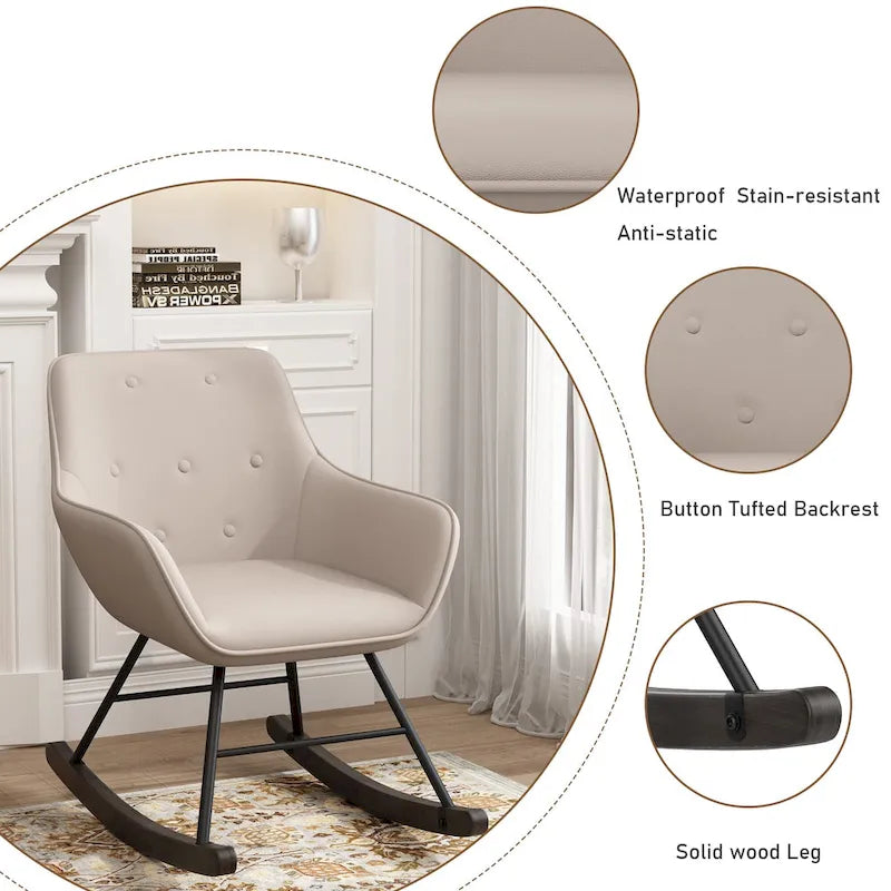 Button Tufted Velvet Accent Rocking Chair High Back Metal Base Ivory Black