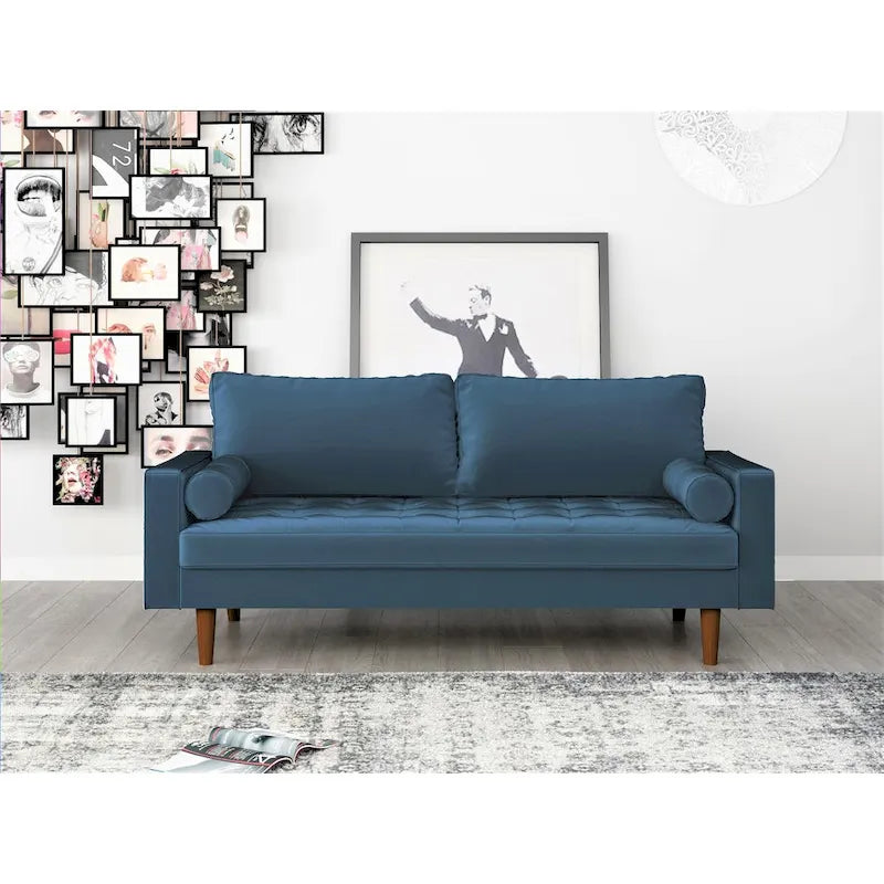 Mid-Century Modern Velvet Tufted 3-Seat Sofa Wood Legs Bolster Pillows