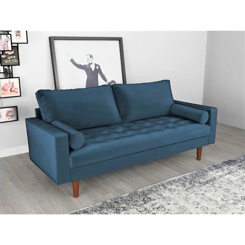 Mid-Century Modern Velvet Tufted 3-Seat Sofa Wood Legs Bolster Pillows