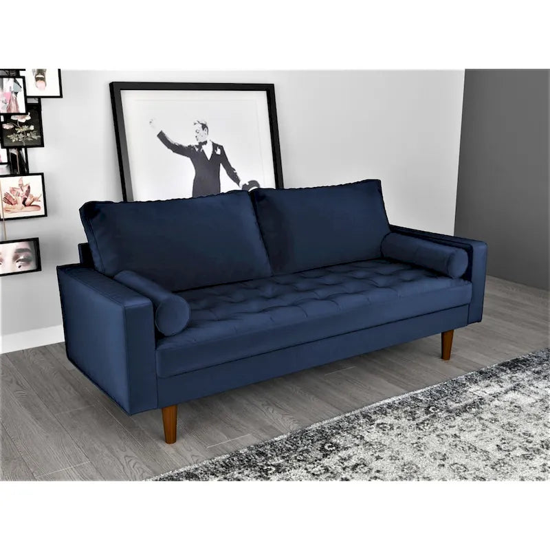 Mid-Century Modern Velvet Tufted 3-Seat Sofa Wood Legs Bolster Pillows