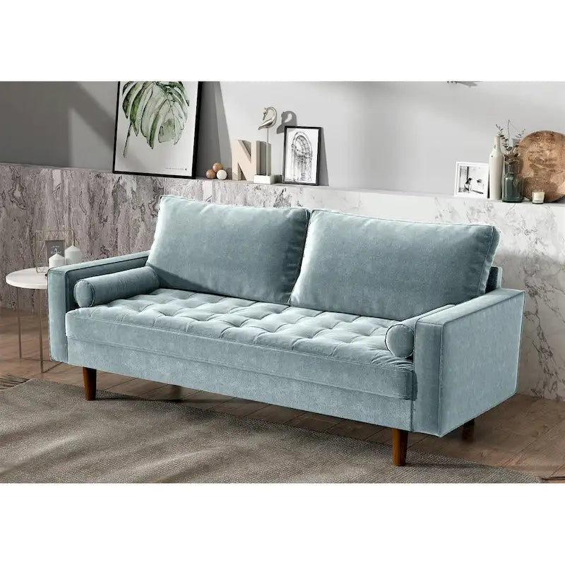 Mid-Century Modern Velvet Tufted 3-Seat Sofa Wood Legs Bolster Pillows